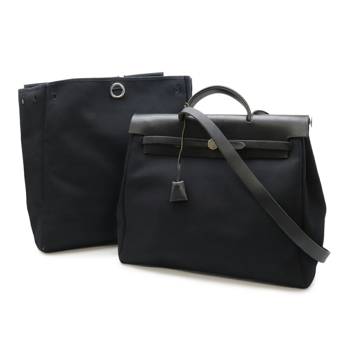 HERMES Hermès Airbag MM Handbag, Toile Officier Leather, Black, Stopper Missing, C Stamp (1 of 14)