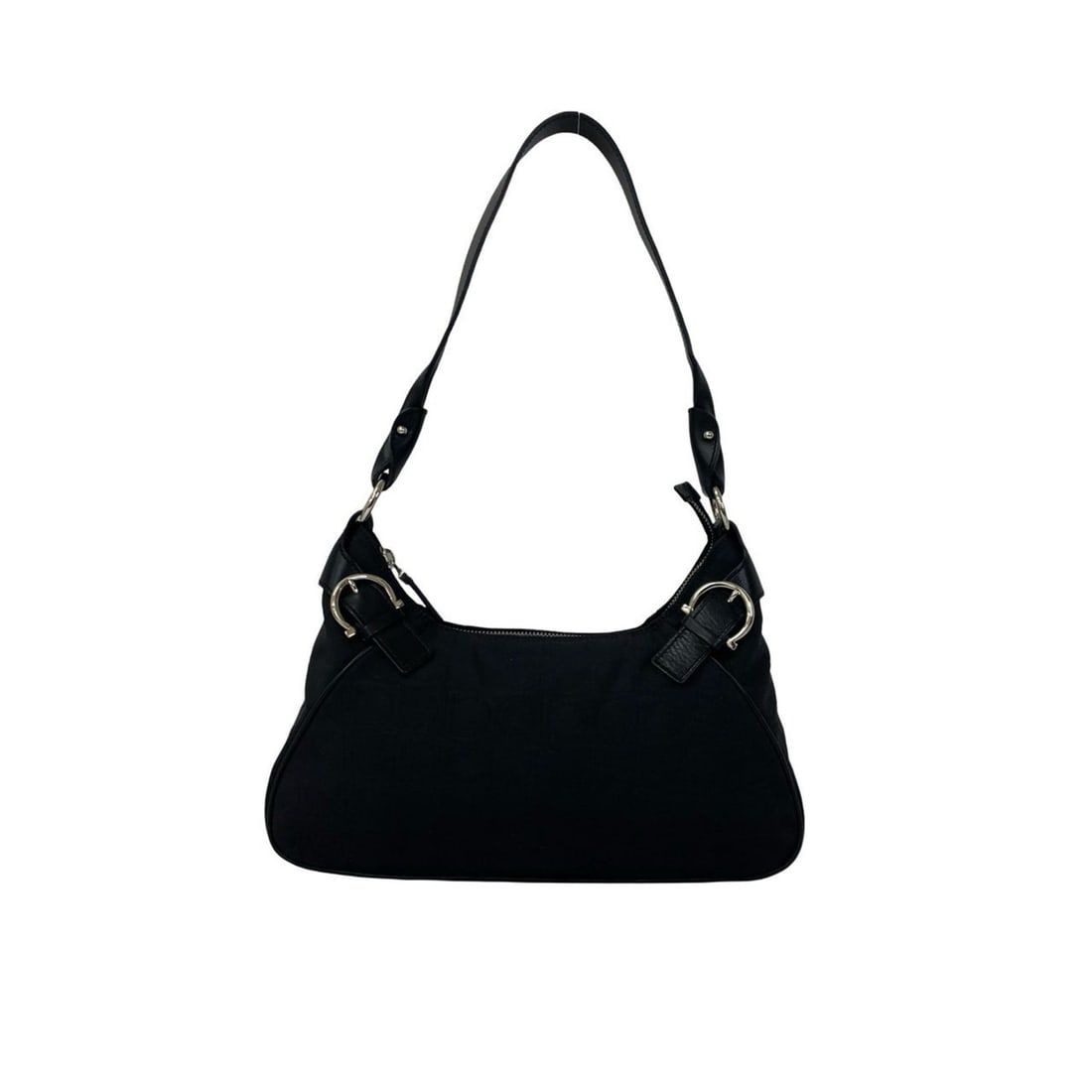 Salvatore Ferragamo Gancini all-over print nylon and leather semi-strap shoulder bag 72586: --- Catalog ---Category: SizeSize (HxWxD): 16cm x 29cm x 6.5cm / 6.29'' x 11.41'' x 2.55''Category: DesignType: Shoulder bagColor: BlackGender: WomenMaterial: Nylon , Leather Category: GeneralBrand: S