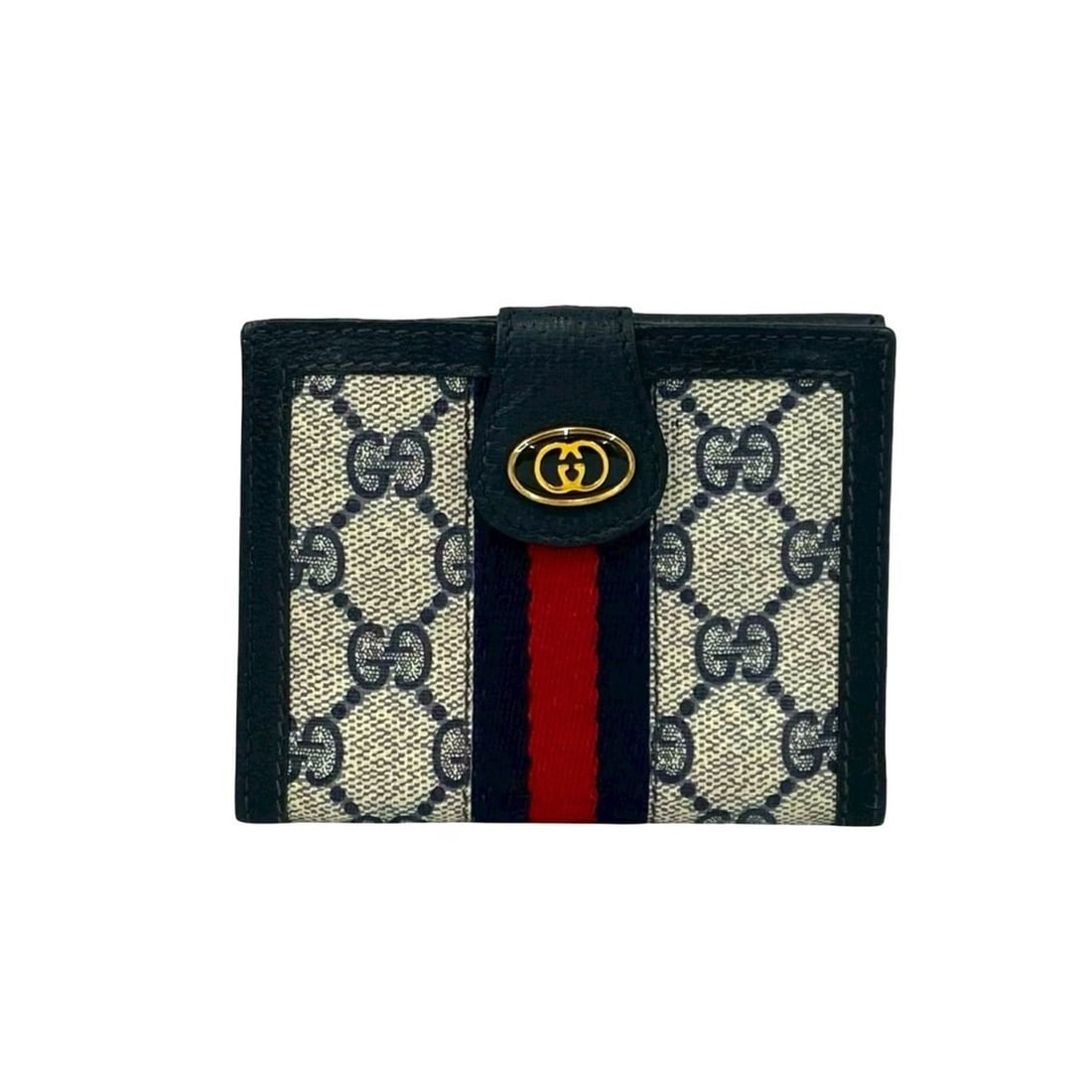 GUCCI Old Gucci Sherry Line GG Leather Bifold Wallet Mini Navy Red 40300 (1 of 15)