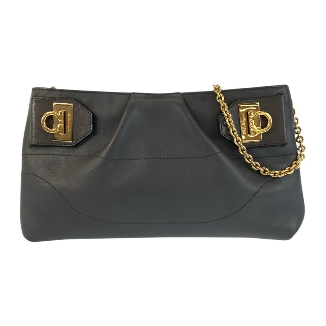 Salvatore Ferragamo Gancini Gray Leather Shoulder Bag with Gold Hardware, AU-22 B588, Women's: --- Catalog ---Category: SizeSize (HxWxD): 13cm x 23cm x 2cm / 5.11'' x 9.05'' x 0.78''Category: DesignType: Pochette, Shoulder bagColor: GrayGender: WomenMaterial: Leather Hardware Color: GoldCategor