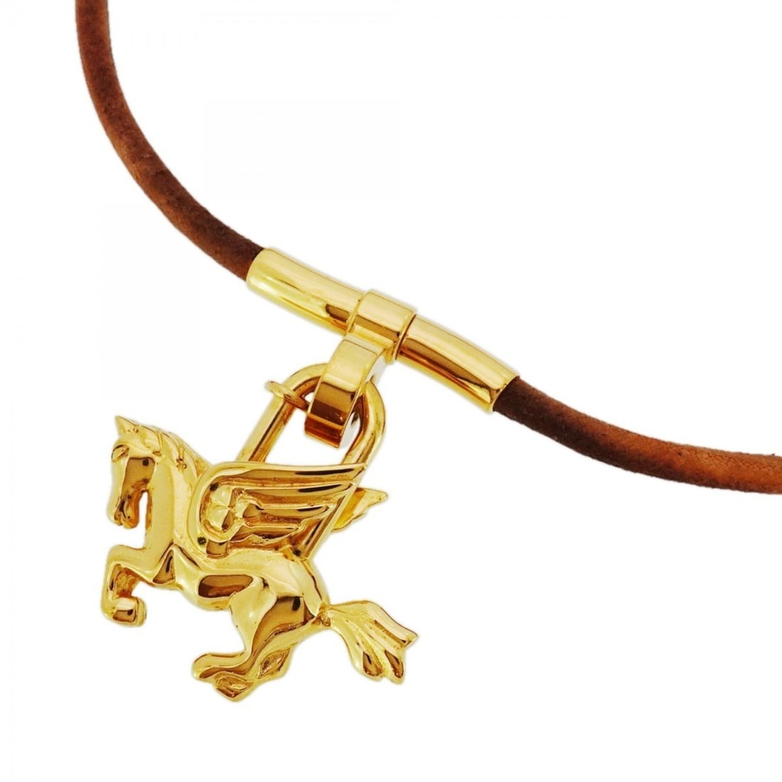 Hermes Pegasus Cadena Choker with GP Plated Leather in Gold and Brown for Women: --- Catalog ---Category: SizePendant Size: 35.6mm x 35.4mm / 1.4'' x 1.39''Neck Circumference: 35.5 cm / 13.97''Category: DesignColor: Brown, GoldGender: WomenMaterial: Gold plating, LeatherNecklace T