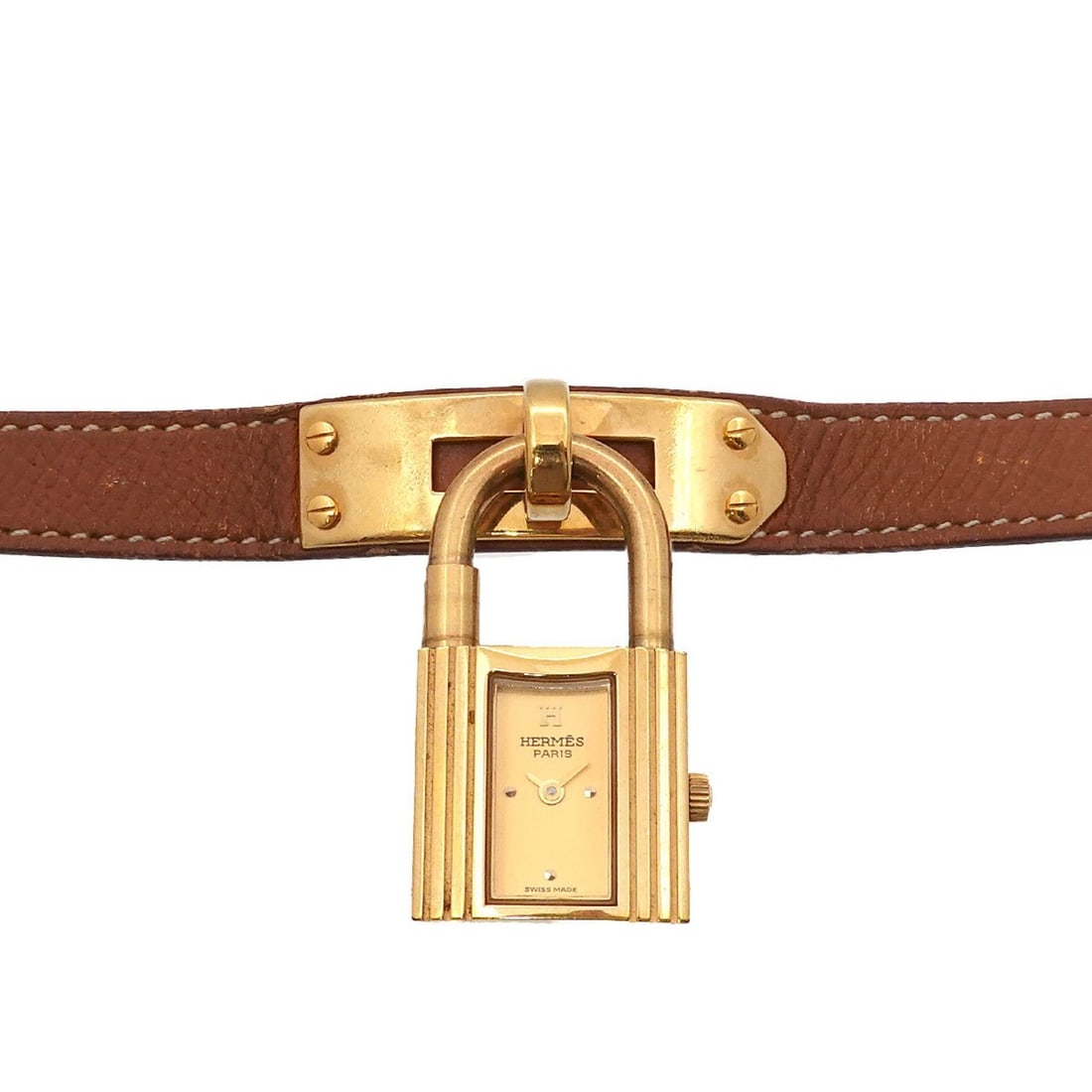 Hermès Kelly Watch Women's Gold Brown Quartz with Cadena: --- Catalog ---Category: SizeWrist Size: 13.5cm - 16.5cm / 5.31'' - 6.49''Case Diameter: 20mm / 0.79''Category: DesignType: WristwatchGender: WomenColor (Dial): GoldMaterial (Band): Gold plated, Leath