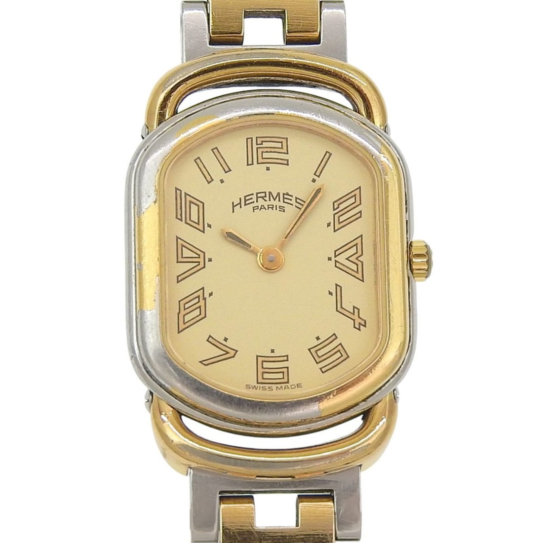 Hermès Rally Watch RA1.240, Stainless Steel with Gold Plated Quartz Movement, Analog Display, Dial,: --- Catalog ---Category: SizeWrist Size: 17.5cm / 6.88''Case Diameter: 20mm / 0.79''Category: DesignType: WristwatchGender: WomenColor (Dial): GoldMaterial (Band): Gold plated, Stainless steelMaterial