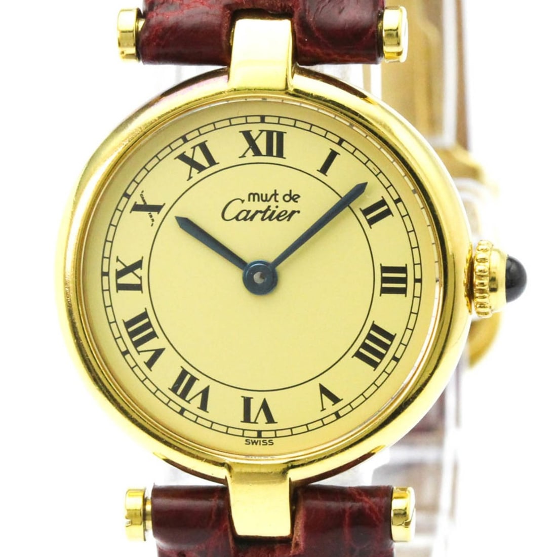 CARTIER Must Vendome Vermeil Gold Plated Quartz Ladies Watch: --- Catalog ---Category: SizeCase Diameter: 24mm / 0.94''Category: DesignType: WristwatchStyle: Dress/FormalGender: WomenColor (Dial): IvoryMaterial (Band): LeatherMaterial (Case): Gold platedCategory