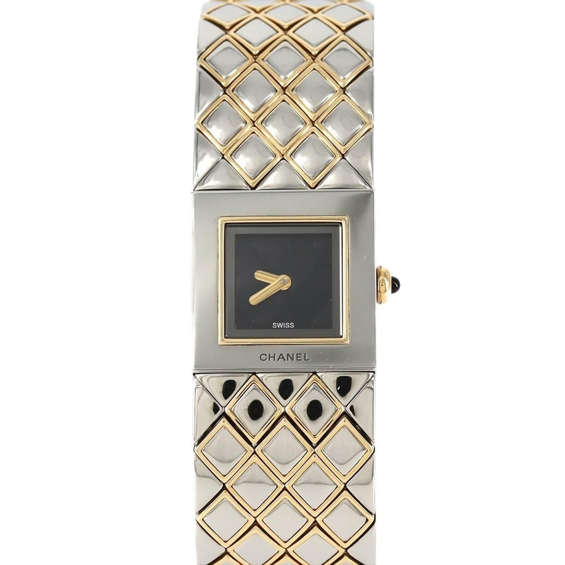Chanel Matelasse Two-tone Watch H0475 SSxYG Quartz Movement: --- Catalog ---Category: SizeWrist Size: 16cm / 6.29''Case Diameter: 19mm / 0.75''Category: DesignType: WristwatchGender: WomenColor (Dial): BlackMaterial (Band): Stainless steel, Yellow goldMaterial