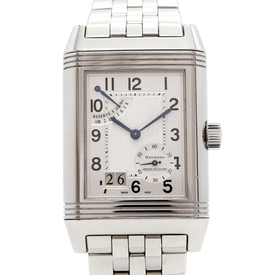 Jaeger-LeCoultre Reverso Grand Date 240.8.15 Silver Dial Men's Watch: --- Catalog ---Category: SizeWrist Size: 16.5cm / 6.49''Case Diameter: 29.5mm / 1.16''Category: DesignType: WristwatchGender: MenColor (Dial): SilverMaterial (Band): Stainless steelCategory: GeneralMP