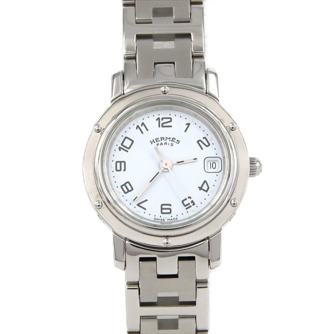 Hermès Clipper CL4.210 Stainless Steel Quartz Watch: --- Catalog ---Category: SizeWrist Size: 15.5cm / 6.1''Case Diameter: 24mm / 0.94''Category: DesignType: WristwatchGender: WomenColor (Dial): WhiteMaterial (Band): Stainless steelMaterial (Case): Stai