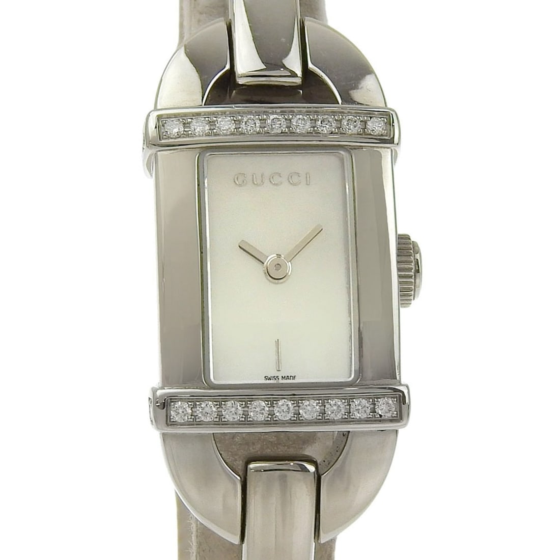 Gucci 6800L Stainless Steel and Diamond Quartz Watch with Analog Display White Shell Dial for Women: --- Catalog ---Category: SizeWrist Size: 16cm / 6.29''Case Diameter: 16mm / 0.63''Category: DesignType: WristwatchGender: WomenColor (Dial): White shellMaterial (Band): Stainless steelMaterial (Case):