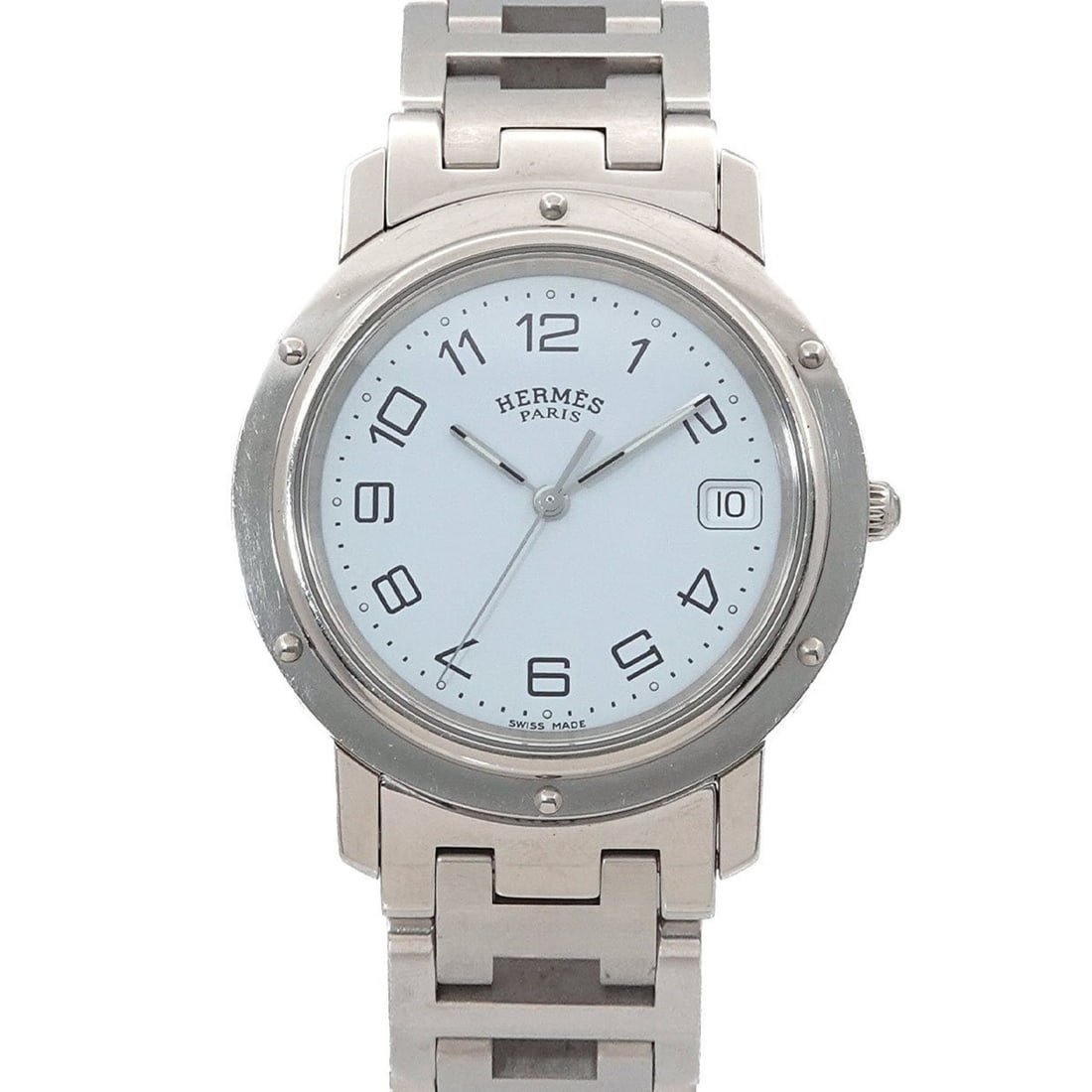 Hermès Clipper CL6 710 Men's Watch with Date, White Quartz Movement: --- Catalog ---Category: SizeWrist Size: 15cm / 5.9''Case Diameter: 36mm / 1.42''Category: DesignType: WristwatchGender: MenColor (Dial): WhiteMaterial (Band): Stainless steelMaterial (Case): Stainles