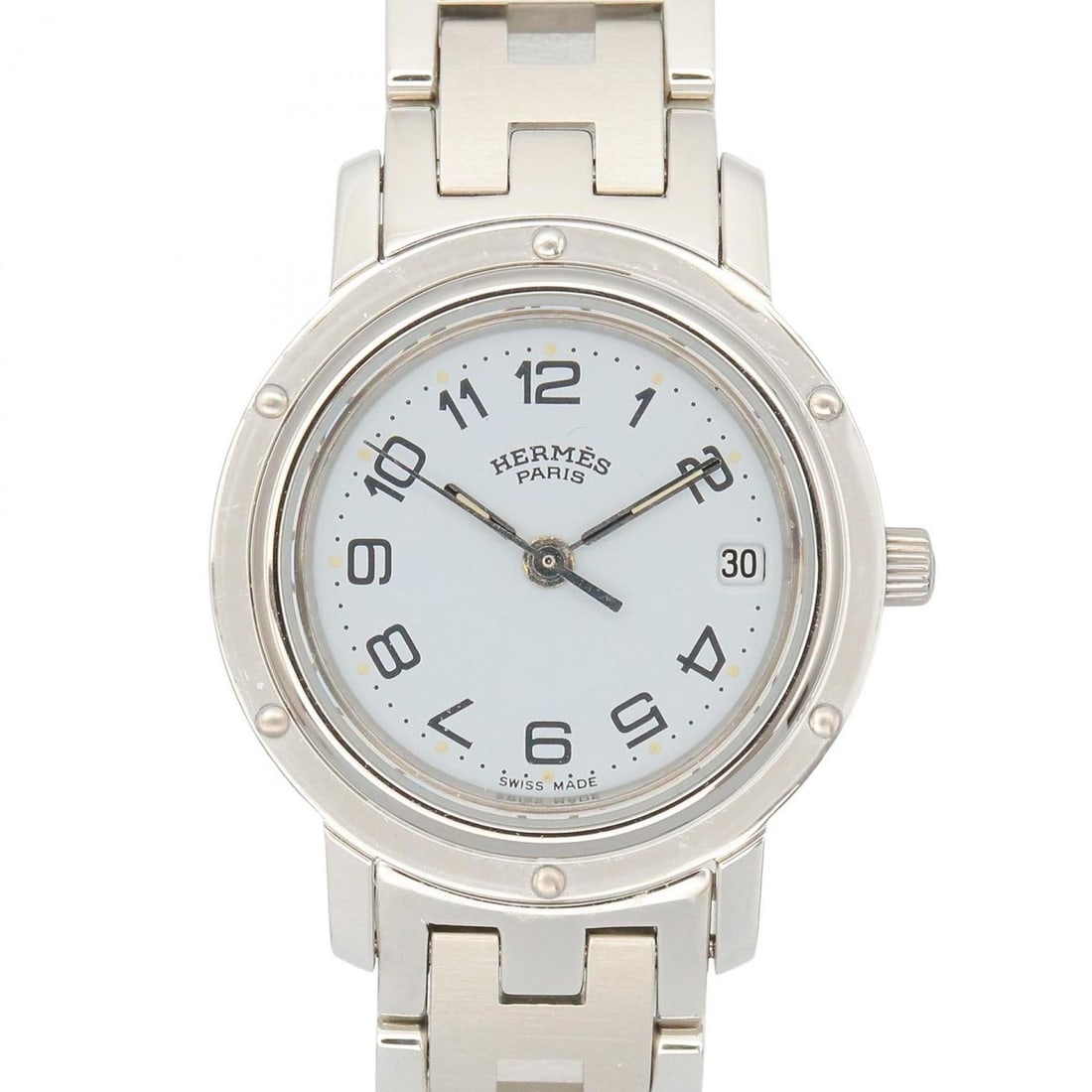 Hermès Clipper Watch, Stainless Steel, Women's, White, CL3.210: --- Catalog ---Category: SizeWrist Size: 15cm / 5.9''Case Diameter: 24mm / 0.94''Category: DesignType: WristwatchGender: WomenColor (Dial): WhiteMaterial (Band): Stainless steelMaterial (Case):