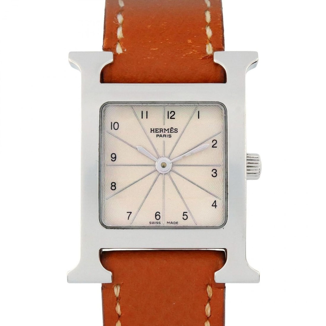 Hermès H Watch, stainless steel with leather strap, silver, HH1.210, for women: --- Catalog ---Category: SizeWrist Size: 16cm / 6.29''Case Diameter: 21mm / 0.83''Category: DesignType: WristwatchGender: WomenColor (Dial): SilverMaterial (Band): Leather, Stainless steelMaterial (Ca