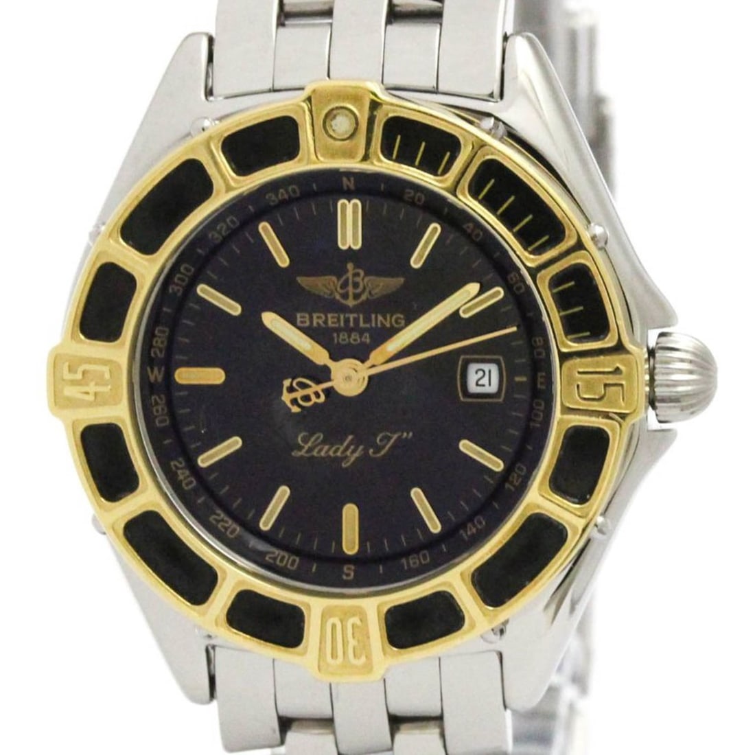 BREITLING Lady J 18K Gold Steel Quartz Ladies Watch D52065 Polished: --- Catalog ---Category: SizeCase Diameter: 30mm / 1.18''Category: DesignType: WristwatchStyle: Dress/FormalGender: WomenColor (Dial): BlackMaterial (Band): Stainless steelMaterial (Case): Stainless s