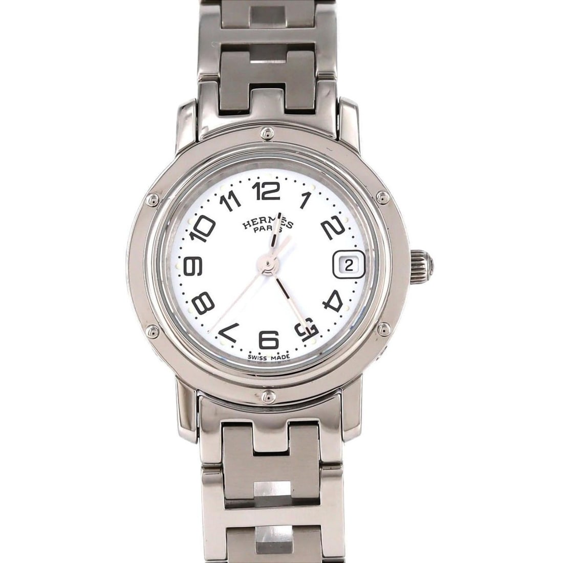 Hermès Clipper CL4.210 Stainless Steel Quartz Watch: --- Catalog ---Category: SizeWrist Size: 16.5cm / 6.49''Case Diameter: 24mm / 0.94''Category: DesignType: WristwatchGender: WomenColor (Dial): WhiteMaterial (Band): Stainless steelMaterial (Case): Sta