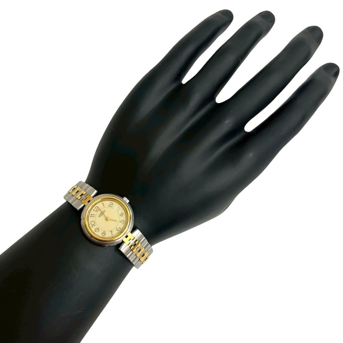 HERMES Profile Stainless Steel GP Quartz Wristwatch in Silver and Gold (31444): --- Catalog ---Category: SizeWrist Size: 16cm / 6.29''Case Diameter: 25mm / 0.98''Category: DesignType: WristwatchGender: Women,MenMaterial (Band): Gold plated, Stainless steelMaterial (Case): Gold pl