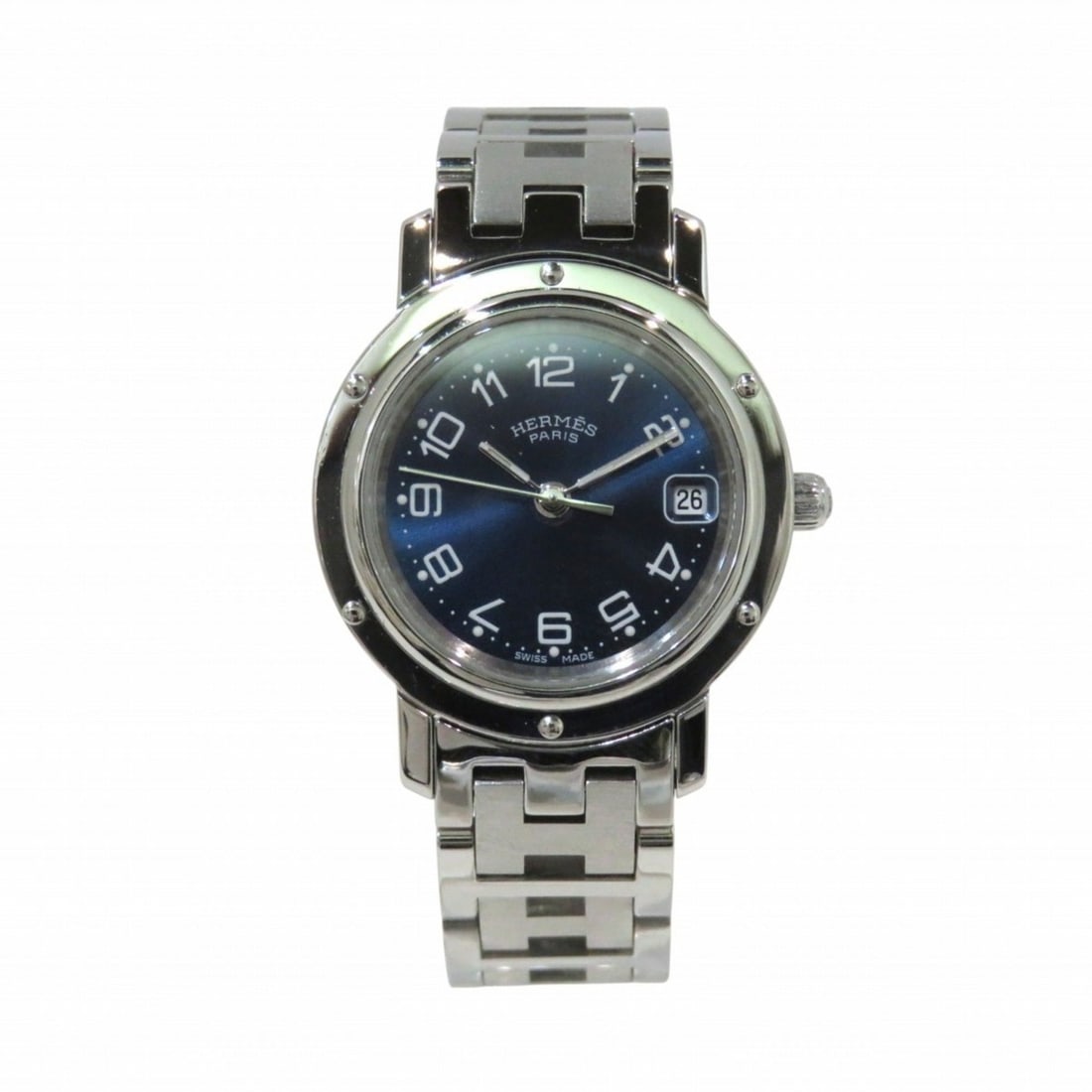 Hermès Clipper Stainless Steel Quartz Watch with Blue Dial CL4.210: --- Catalog ---Category: SizeWrist Size: 14.5cm / 5.7''Case Diameter: 24mm / 0.94''Category: DesignType: WristwatchGender: Men,WomenColor (Dial): BlueMaterial (Band): Stainless steelMaterial (Case): S