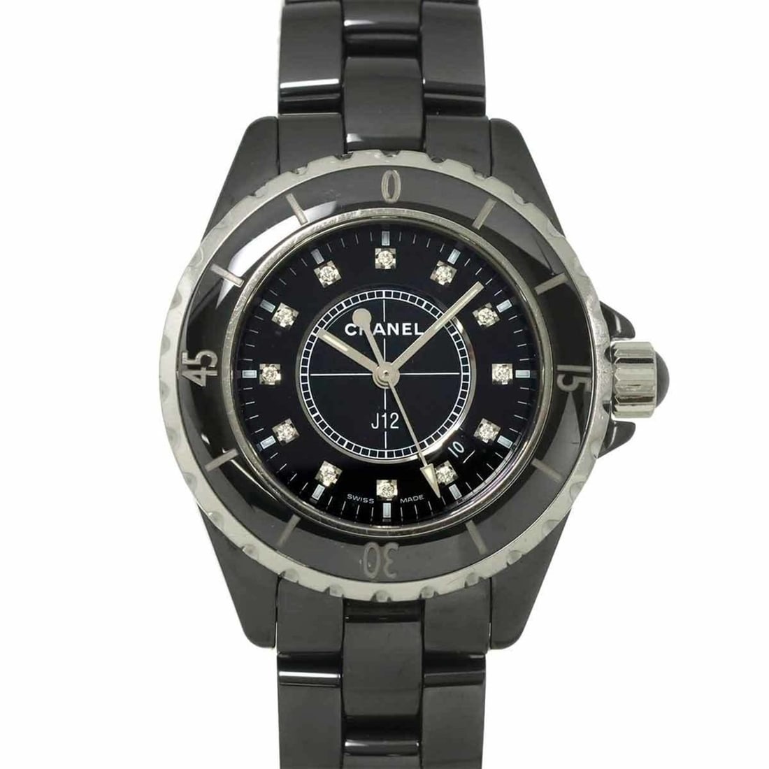 CHANEL J12 33mm H1625 Women's Watch with 12 Diamonds, Date Display, Black Ceramic Quartz Movement: --- Catalog ---Category: SizeWrist Size: 15.5cm / 6.1''Case Diameter: 34mm / 1.34''Category: DesignType: WristwatchGender: WomenColor (Dial): BlackMaterial (Band): Ceramic, Stainless steelMaterial (Ca