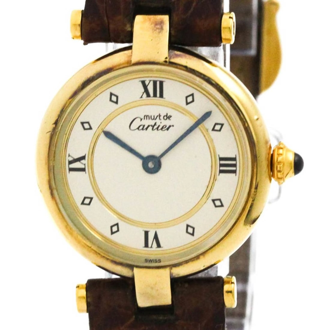 CARTIER Must Vendome Vermeil Gold Plated Quartz Ladies Watch: --- Catalog ---Category: SizeCase Diameter: 24mm / 0.94''Category: DesignType: WristwatchStyle: Dress/FormalGender: WomenColor (Dial): IvoryMaterial (Band): LeatherMaterial (Case): Gold platedCategory