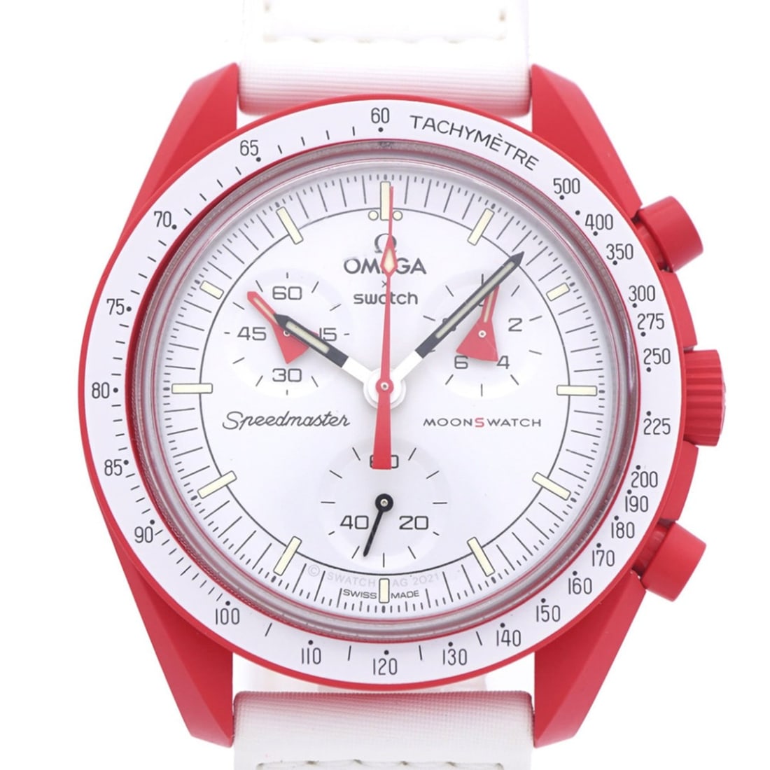 Omega x Swatch Speedmaster Moonwatch Mission to the Mars SO33M100 Quartz Wristwatch with Nylon and: --- Catalog ---Category: SizeCase Diameter: 42mm / 1.65''Category: DesignType: WristwatchColor: Red color, WhiteGender: MenMaterial (Band): NylonMaterial (Case): CeramicCategory: GeneralMPN: SO33M100B