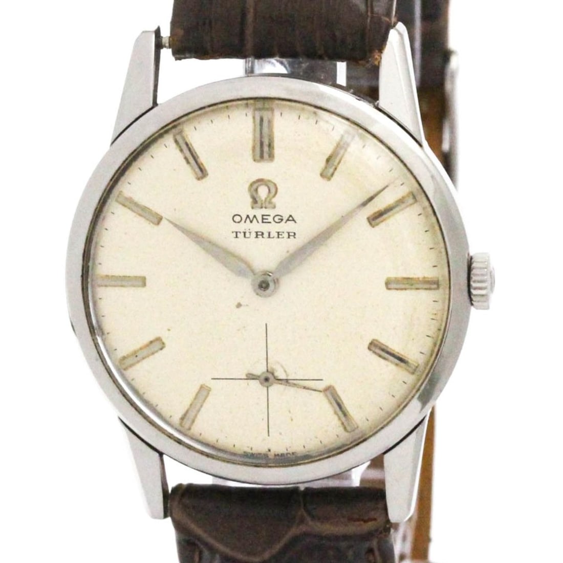 OMEGA Cal.268 Stainless Steel Hand-Winding Mens Watch 14713 Vintage: --- Catalog ---Category: SizeCase Diameter: 33mm / 1.3''Category: DesignType: WristwatchStyle: Dress/FormalGender: MenColor (Dial): SilverMaterial (Band): LeatherMaterial (Case): Stainless steelCatego