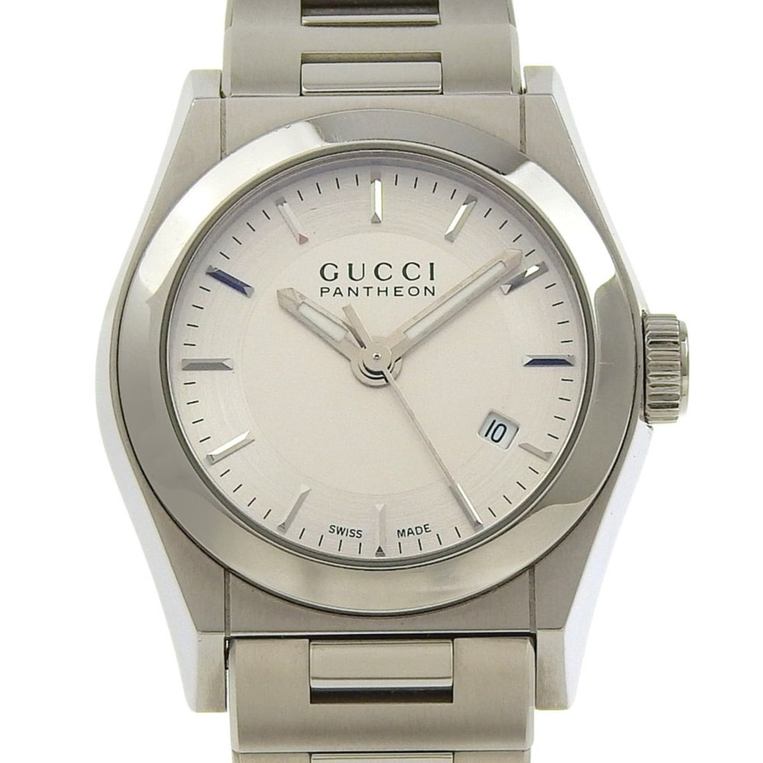 Gucci Pantheon Watch 115.5 Stainless Steel Quartz Analog Silver Dial Women's: --- Catalog ---Category: SizeWrist Size: 16cm / 6.29''Case Diameter: 28mm / 1.1''Category: DesignType: WristwatchGender: WomenColor (Dial): SilverMaterial (Band): Stainless steelMaterial (Case): Stain