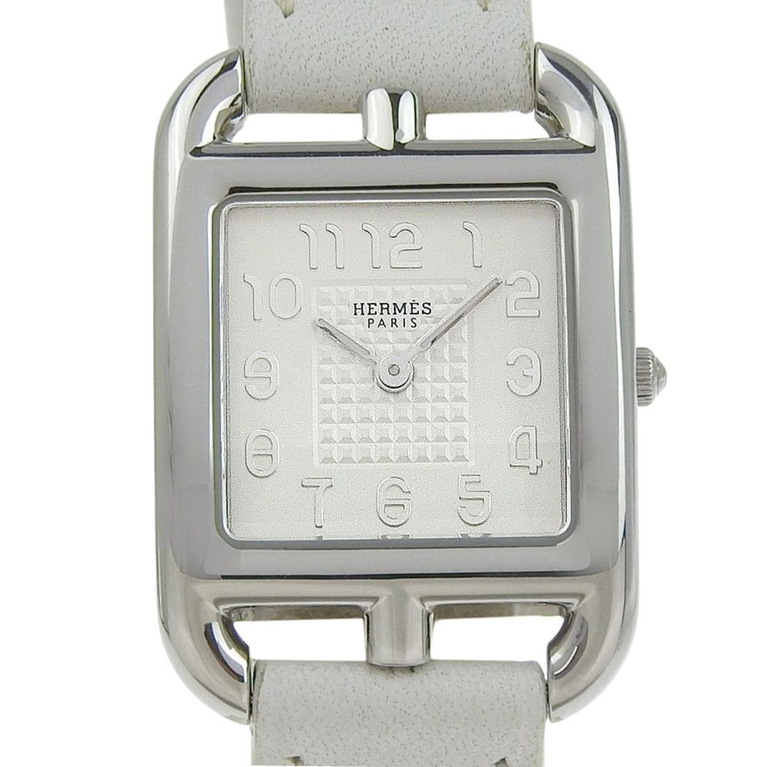 Like new Hermès Cape Cod CC1 210, ?R stamped, white dial, stainless steel/leather, 33mm x 23mm,: --- Catalog ---Category: SizeWrist Size: 32.5cm - 35.5cm / 12.79'' - 13.97''Case Diameter: 23mm / 0.91''Category: DesignType: WristwatchGender: WomenColor (Dial): WhiteMaterial (Band): Leather, Stainl