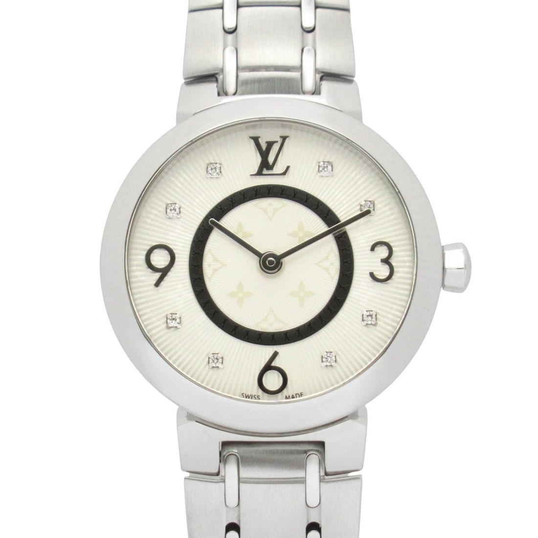 Louis Vuitton Tambour 8-Diamond Watch, Stainless Steel, Women's, Silver, Q12MG: --- Catalog ---Category: SizeWrist Size: 18cm / 7.08''Case Diameter: 28mm / 1.1''Category: DesignType: WristwatchGender: WomenColor (Dial): SilverMaterial (Band): Stainless steelMaterial (Case): Stain