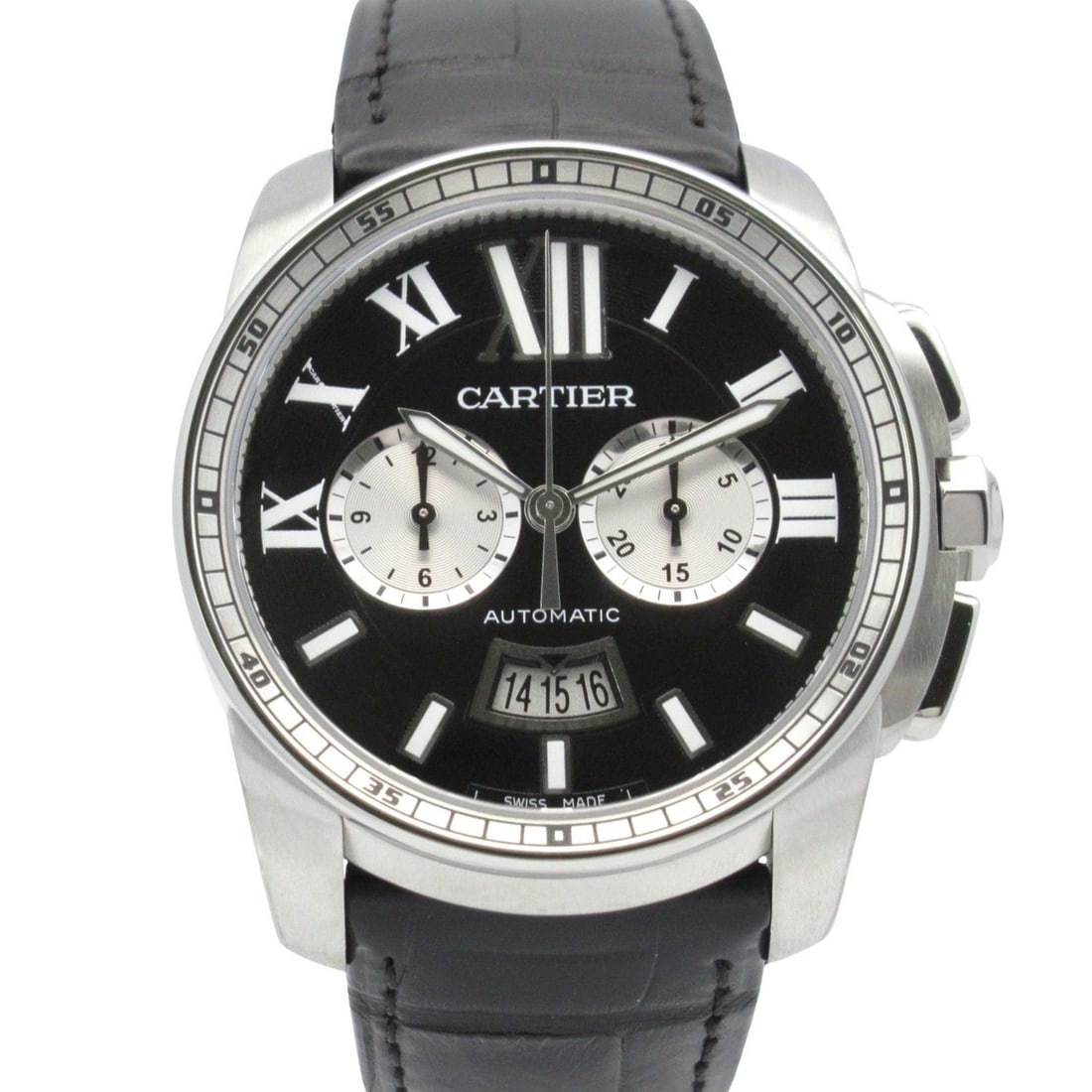 Cartier Calibre de Chronograph Wristwatch, Stainless Steel and Leather, Men's, Black, W7100060: --- Catalog ---Category: SizeWrist Size: 15.5cm / 6.1''Case Diameter: 42mm / 1.65''Category: DesignType: WristwatchGender: MenColor (Dial): BlackMaterial (Band): LeatherMaterial (Case): Stainless stee