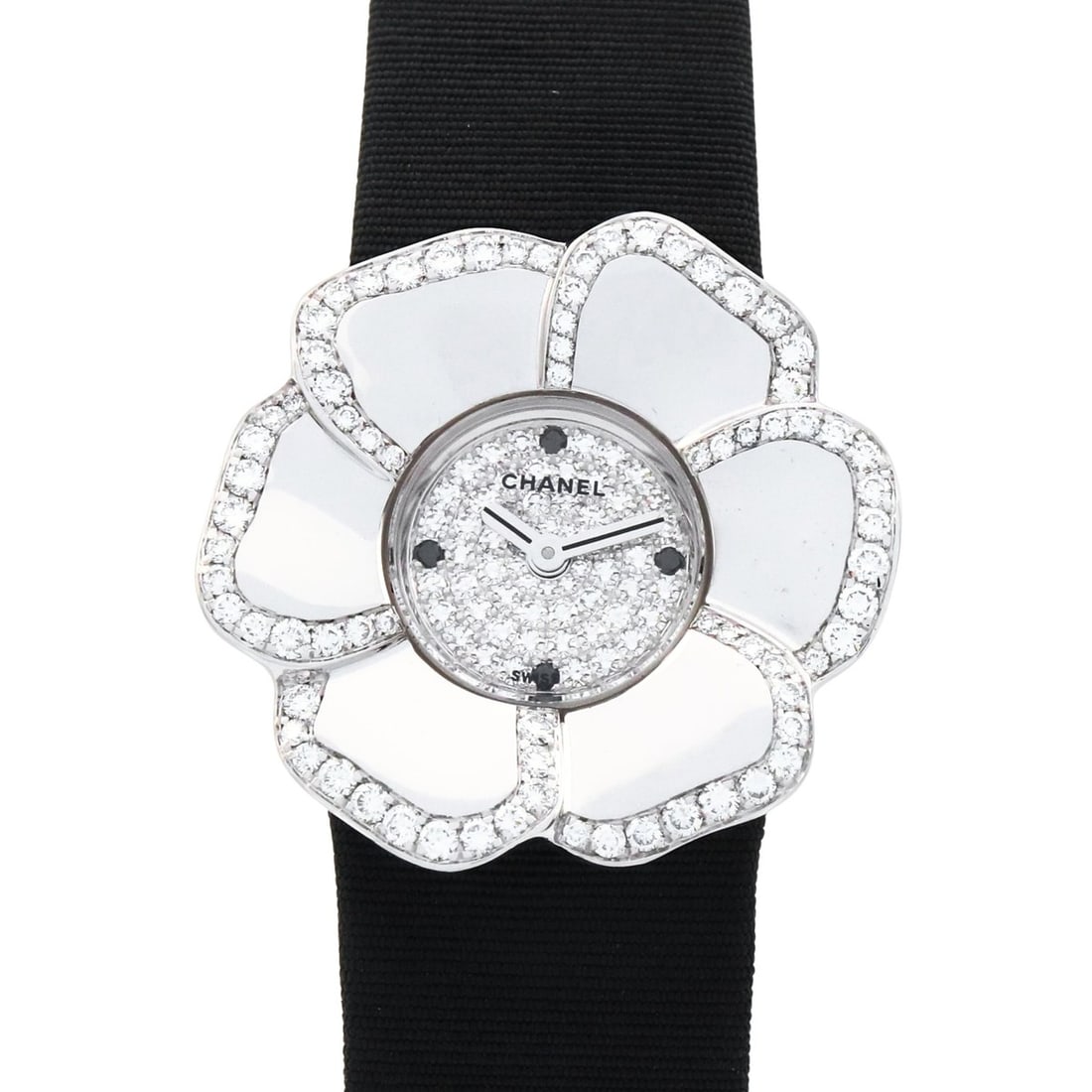 CHANEL Camellia Watch, 18K White Gold, Leather, Diamond, Women's, Silver, H1190: --- Catalog ---Category: SizeWrist Size: 17cm / 6.69''Case Diameter: 26mm / 1.02''Category: DesignType: WristwatchGender: WomenColor (Dial): SilverMaterial (Band): LeatherMaterial (Case): White gold (