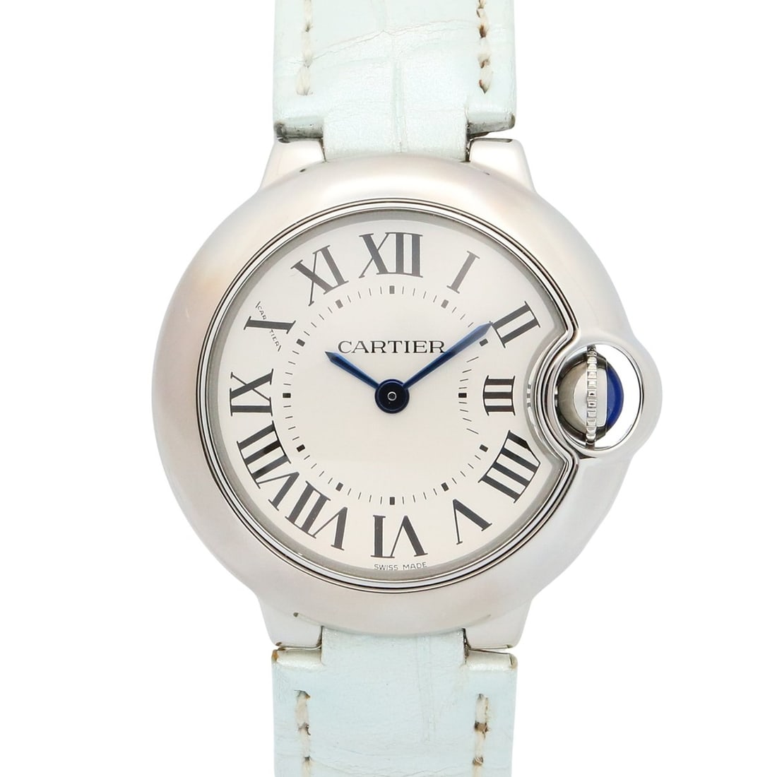 Cartier Ballon Bleu SM Watch, Stainless Steel and Leather, Women's, Silver, W69018Z4: --- Catalog ---Category: SizeWrist Size: 14.5cm / 5.7''Case Diameter: 28mm / 1.1''Category: DesignType: WristwatchGender: WomenColor (Dial): SilverMaterial (Band): LeatherMaterial (Case): Stainless st