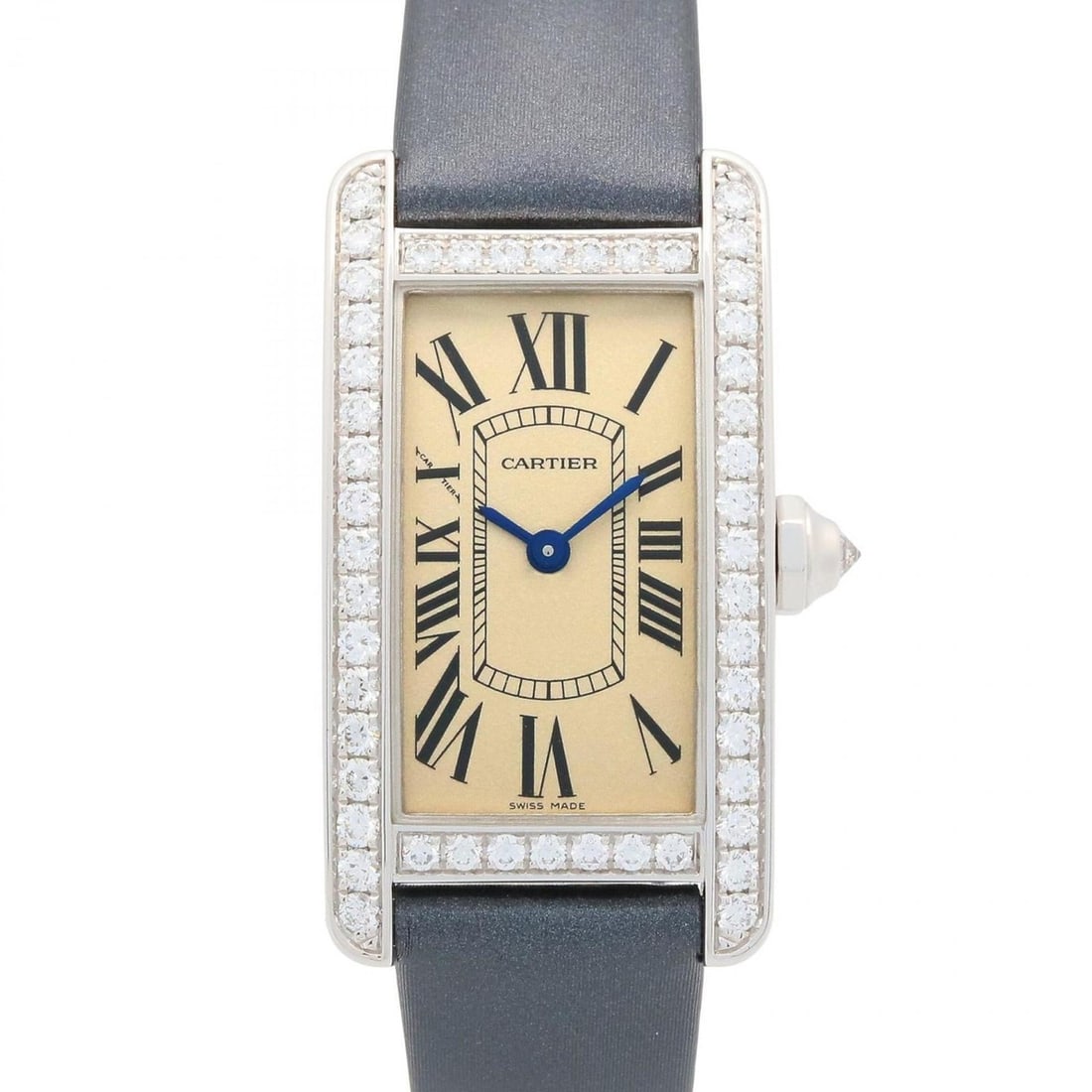 Cartier Tank Américaine SM Watch with Diamond Bezel, 18K White Gold (WB707331), Leather Strap,: --- Catalog ---Category: SizeWrist Size: 16cm / 6.29''Case Diameter: 19mm / 0.75''Category: DesignType: WristwatchGender: WomenColor (Dial): Ivory, SilverMaterial (Band): LeatherMaterial (Case): White