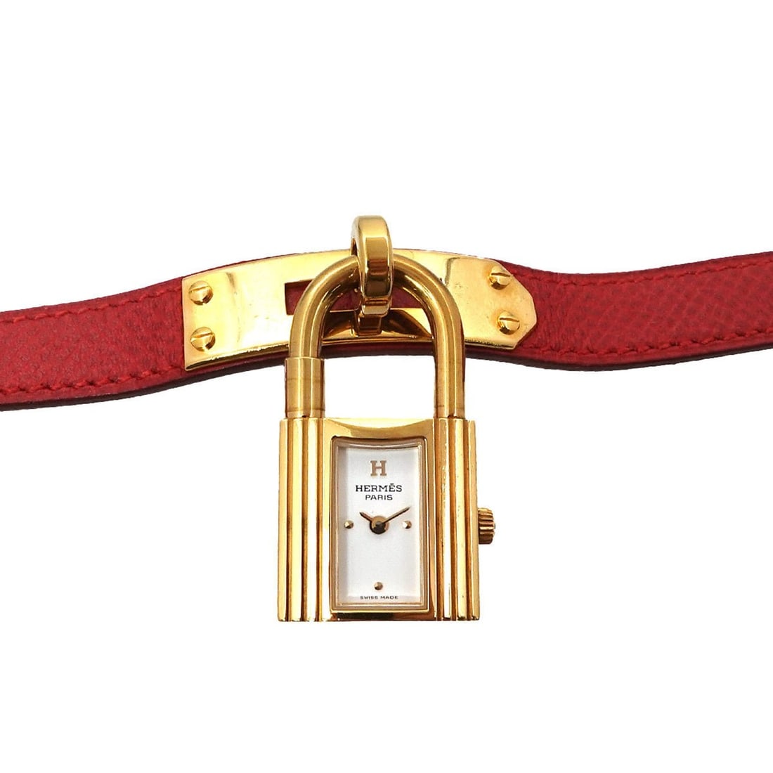 Hermès Kelly Watch Women's White and Red Quartz with Cadena: --- Catalog ---Category: SizeWrist Size: 13.5cm - 16cm / 5.31'' - 6.29''Case Diameter: 20mm / 0.79''Category: DesignType: WristwatchGender: WomenColor (Dial): WhiteMaterial (Band): Gold plated, Leathe