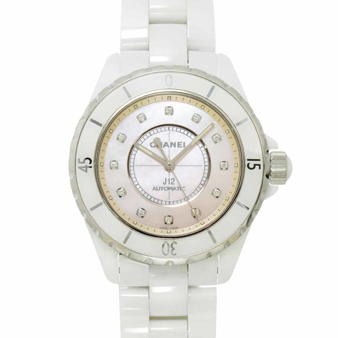 CHANEL J12 38mm H5514 Men's Watch, Limited Edition of 1200 Pieces, 12 Diamonds, Pink Shell, White: --- Catalog ---Category: SizeWrist Size: 18cm / 7.08''Case Diameter: 45mm / 1.77''Category: DesignType: WristwatchGender: MenColor (Dial): Pink shellMaterial (Band): Ceramic, Stainless steelMaterial (