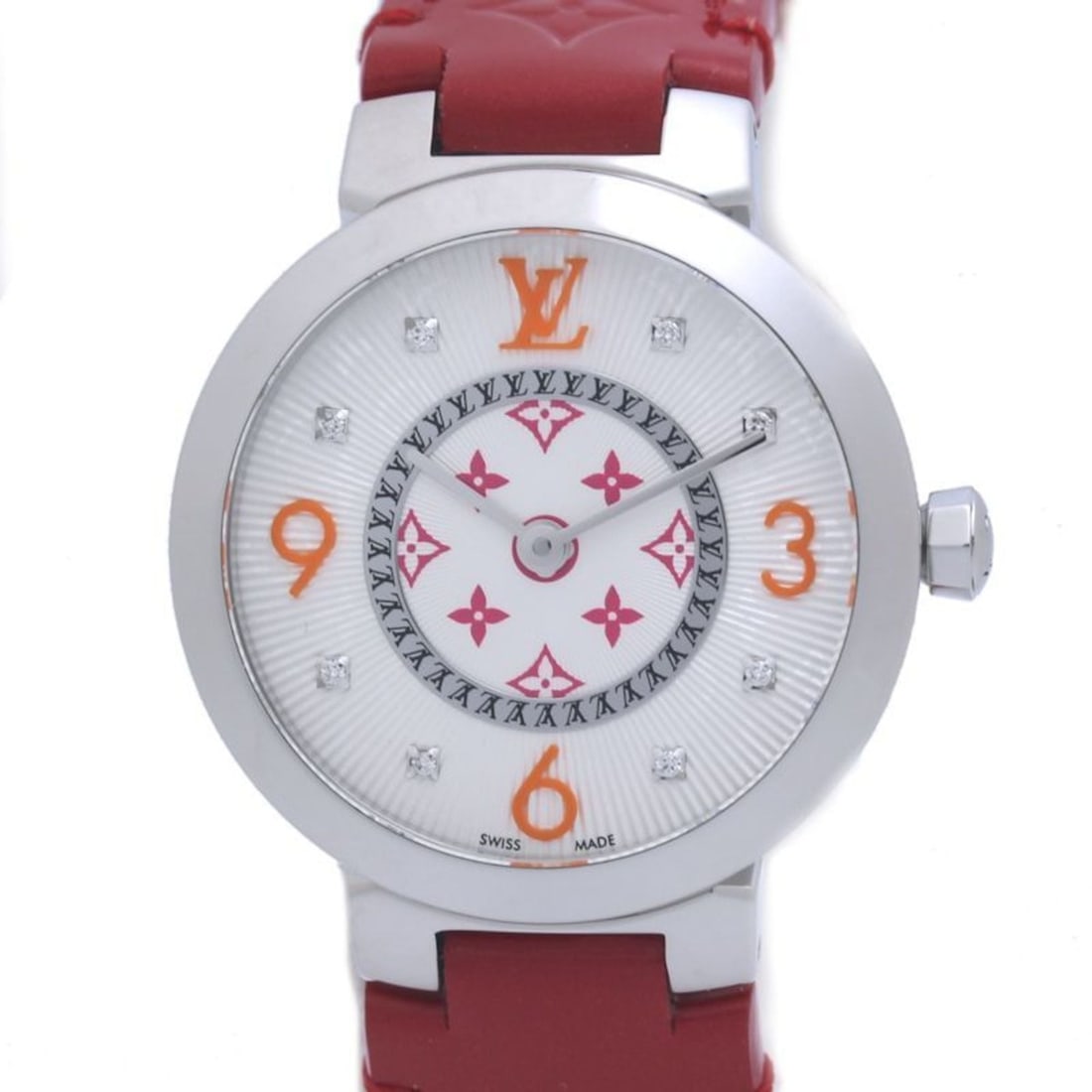 LOUIS VUITTON Tambour PM QA146Z Monogram Fuchsia & Orange with 8 Diamonds, Limited Edition Women's: --- Catalog ---Category: SizeWrist Size: 15cm / 5.9''Case Diameter: 28mm / 1.1''Category: DesignType: WristwatchGender: WomenColor (Dial): Orange, Pink, WhiteMaterial (Band): LeatherMaterial (Case): S
