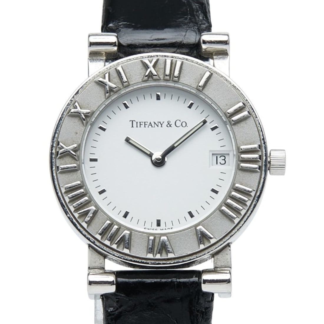 Tiffany & Co. Atlas Strap (Aftermarket) Quartz Watch with White Dial, Stainless Steel and Leather: --- Catalog ---Category: SizeWrist Size: 16.39cm / 6.45''Case Diameter: 24.8mm / 0.98''Category: DesignType: WristwatchGender: WomenDisplay: AnalogColor (Dial): WhiteMaterial (Band): LeatherMaterial (