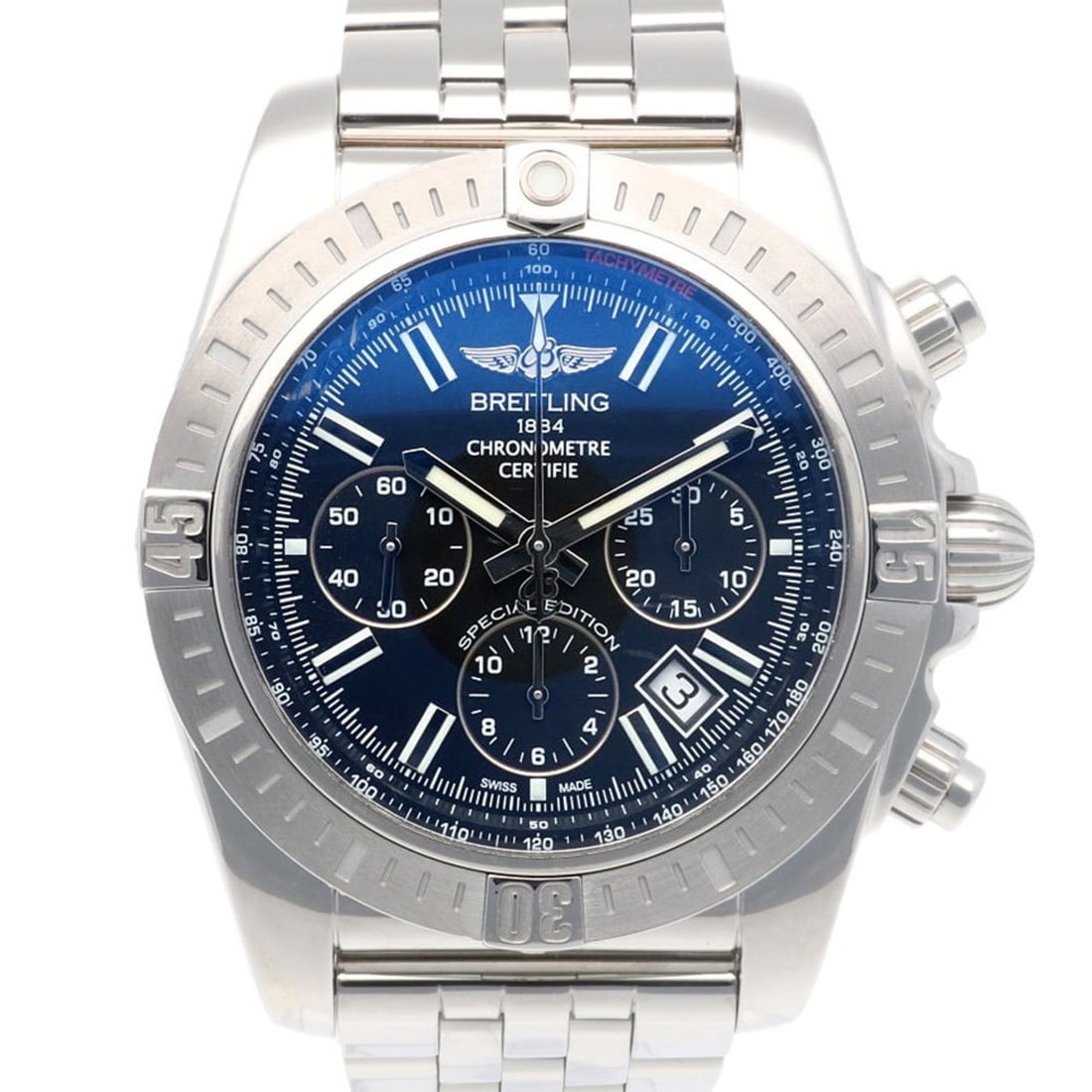 Breitling Chronomat Watch, Stainless Steel, AB0115, Automatic, Men's, Japan Exclusive, Overhauled: --- Catalog ---Category: SizeWeight: 207.4g / 7.31oz.Wrist Size: 17cm / 6.69''Case Diameter: 44.5mm / 1.75''Category: DesignType: WristwatchColor: SilverGender: MenColor (Dial): NavyEasy-to-Read: YesM