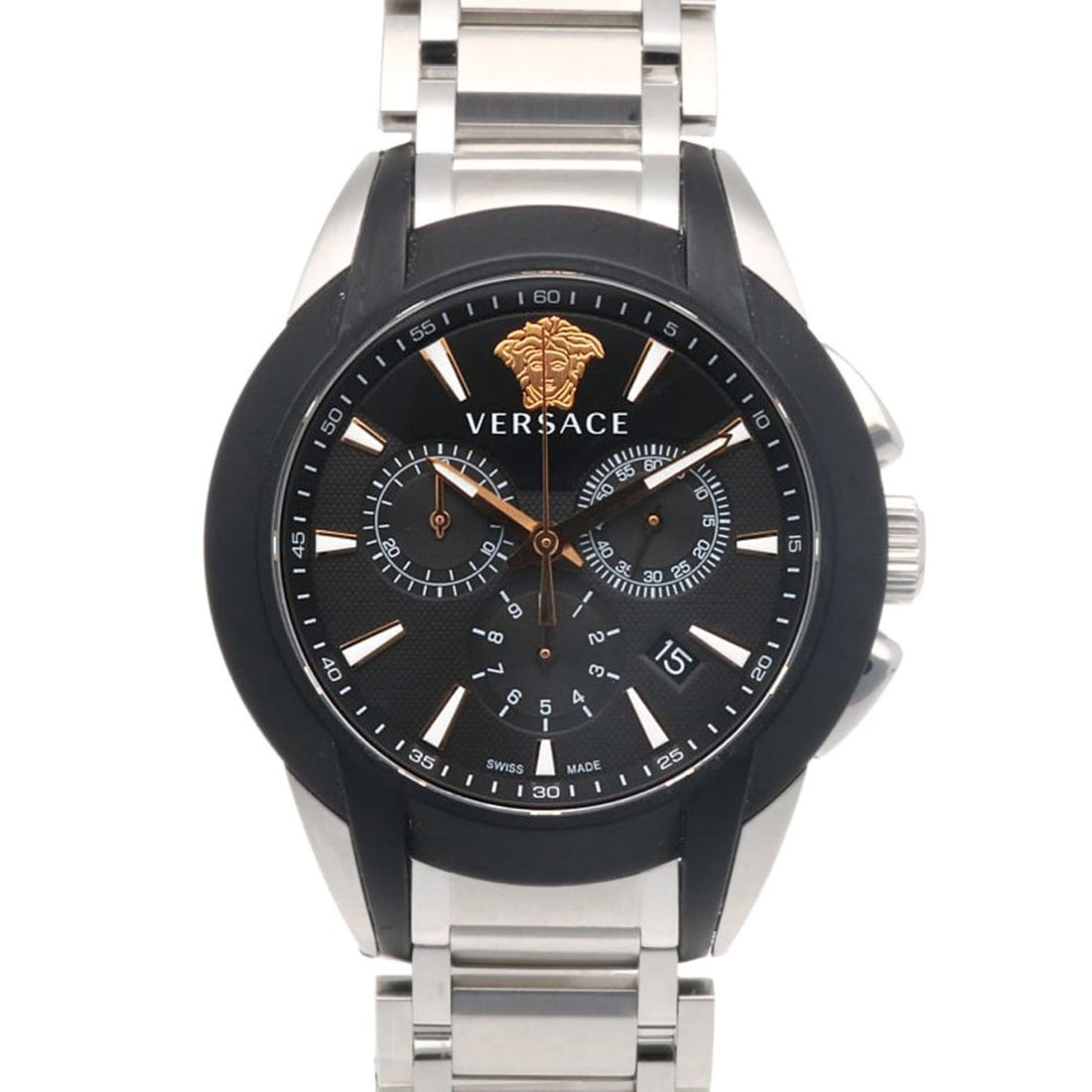 Versace Men's Stainless Steel VEM8 Quartz Chronograph Watch: --- Catalog ---Category: SizeWeight: 162.9g / 5.74oz.Wrist Size: 21.5cm / 8.46''Case Diameter: 42.5mm / 1.67''Category: DesignType: WristwatchGender: MenDisplay: AnalogColor (Dial): BlackMaterial (Ban