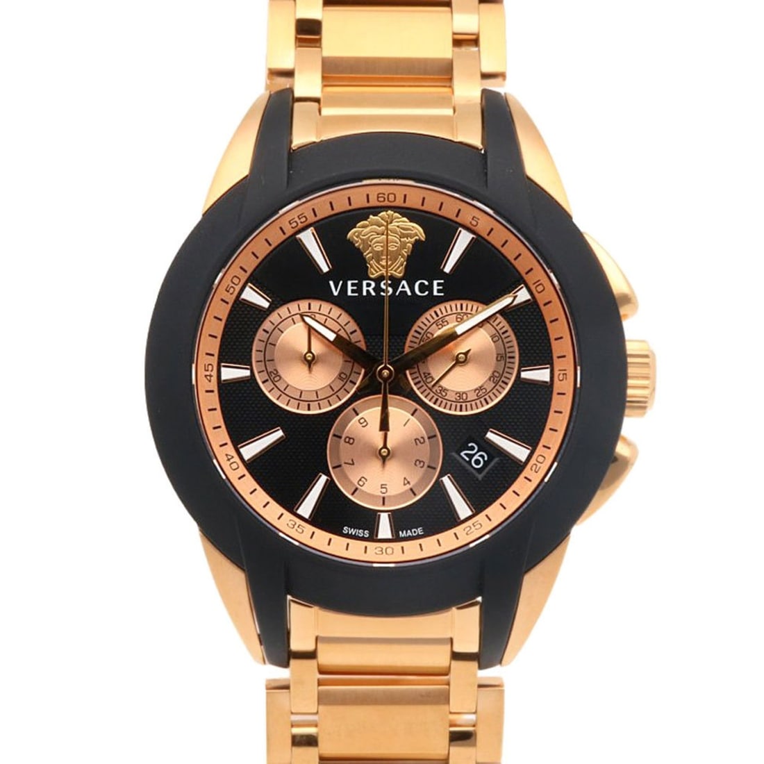 Versace Character Watch, Stainless Steel VEM8 Quartz Men's Chronograph: --- Catalog ---Category: SizeWrist Size: 21cm / 8.26''Case Diameter: 42.5mm / 1.67''Category: DesignType: WristwatchGender: MenDisplay: AnalogColor (Dial): BlackEasy-to-Read: YesMaterial (Band): Rubbe