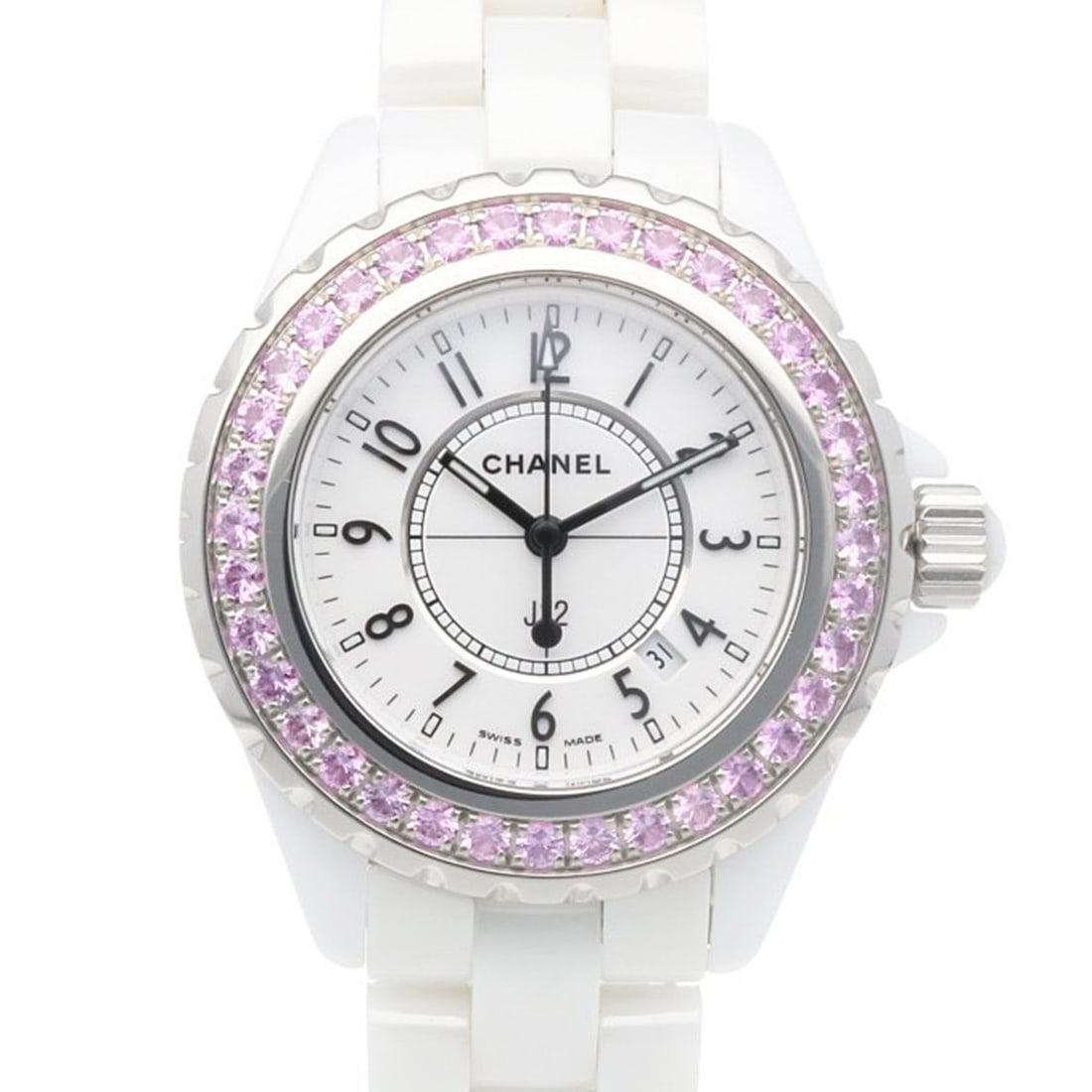 Chanel J12 Watch, White Ceramic H1181 Quartz, Women's, Pink Sapphire Bezel: --- Catalog ---Category: SizeWrist Size: 17.5cm / 6.88''Case Diameter: 34mm / 1.34''Category: DesignType: WristwatchGender: WomenDisplay: AnalogColor (Dial): WhiteMaterial (Band): Ceramic, Stainless s