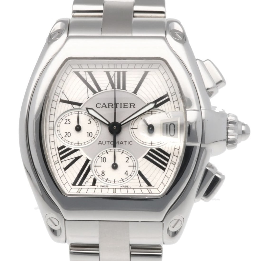 Cartier Roadster Chronograph Watch, Stainless Steel 2618 Automatic, Overhauled and Refinished, Men's: --- Catalog ---Category: SizeWrist Size: 16.5cm / 6.49''Case Diameter: 47.5mm / 1.87''Category: DesignType: WristwatchGender: MenDisplay: AnalogColor (Dial): SilverMaterial (Band): Stainless steelMate