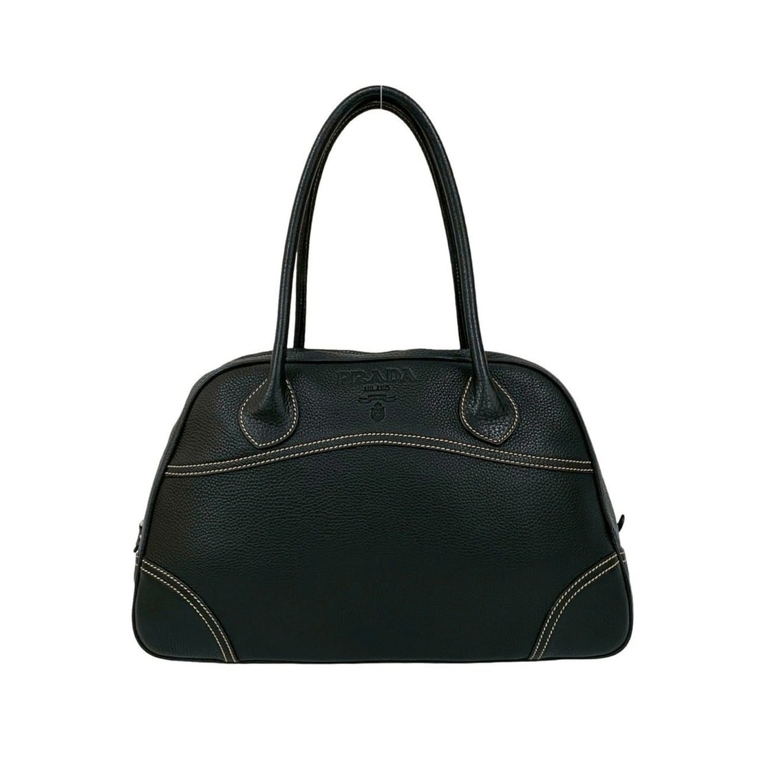 PRADA Prada Stitched Leather Boston Bag, Handbag, Semi-Shoulder Black, 21897 (1 of 10)