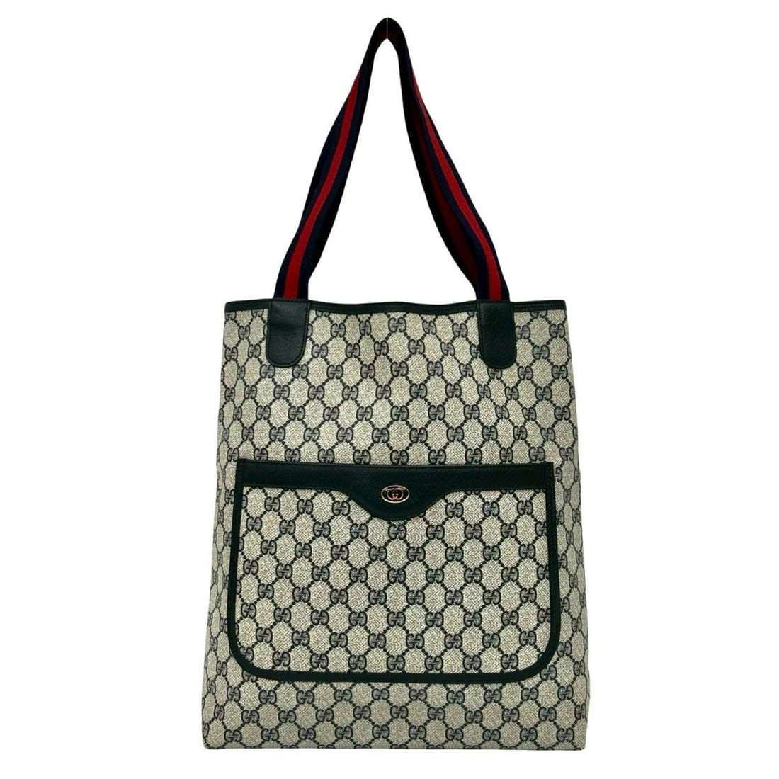 GUCCI Old Gucci Vintage Sherry Line GG Leather Tote Bag Handbag Navy 33304: --- Catalog ---Category: SizeSize (HxWxD): 36.5cm x 30cm x 10cm / 14.37'' x 11.81'' x 3.93''Category: DesignType: Handbag, Tote bagColor: NavyGender: WomenMaterial: PVC , Leather Category: GeneralBran