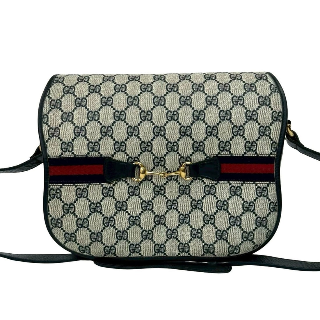 GUCCI Old Gucci Vintage Sherry Line Horsebit Leather Shoulder Bag Navy 30847 (1 of 10)