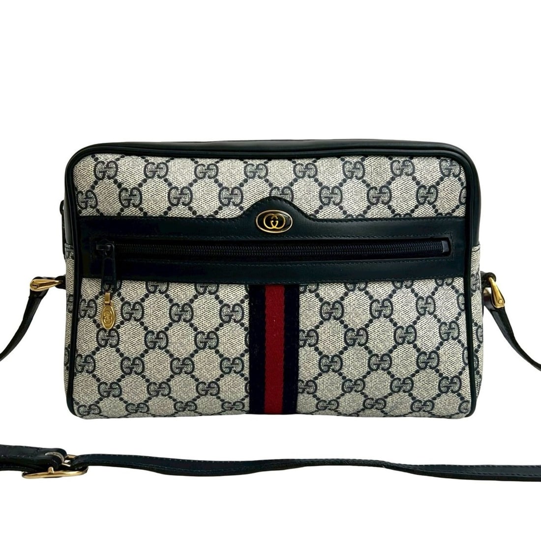 GUCCI Old Gucci Vintage Sherry Line GG Leather Shoulder Bag Navy 61938 (1 of 12)