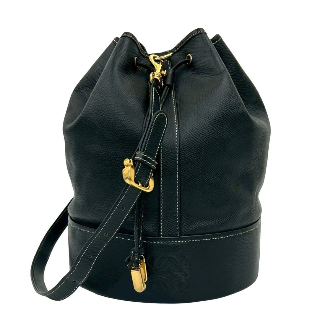 LOEWE Vintage Anagram Embossed Leather Drawstring Shoulder/Crossbody Bag, Navy, 38013: --- Catalog ---Category: SizeSize (HxWxD): 30cm x 23cm x 22cm / 11.81'' x 9.05'' x 8.66''Category: DesignType: Shoulder bagColor: NavyGender: WomenMaterial: Leather Category: GeneralBrand: Loewe--- It