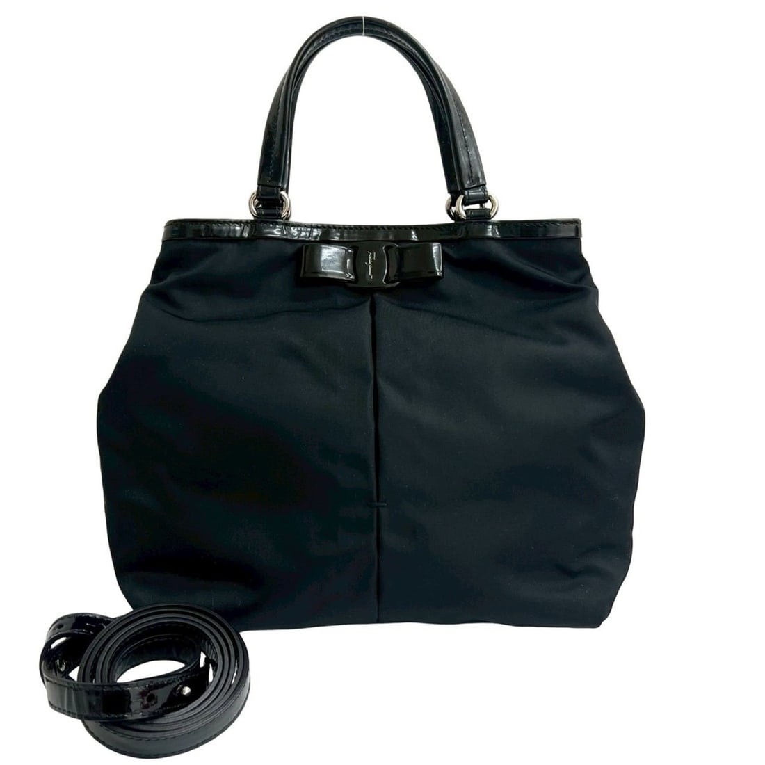 Salvatore Ferragamo Vara Ribbon Nylon and Patent Leather 2-Way Handbag/Shoulder Bag, Black, 01591: --- Catalog ---Category: SizeSize (HxWxD): 22.5cm x 23.5cm x 8.5cm / 8.85'' x 9.25'' x 3.34''Category: DesignType: Handbag, Shoulder bagColor: BlackGender: WomenMaterial: Nylon , Patent leather Catego