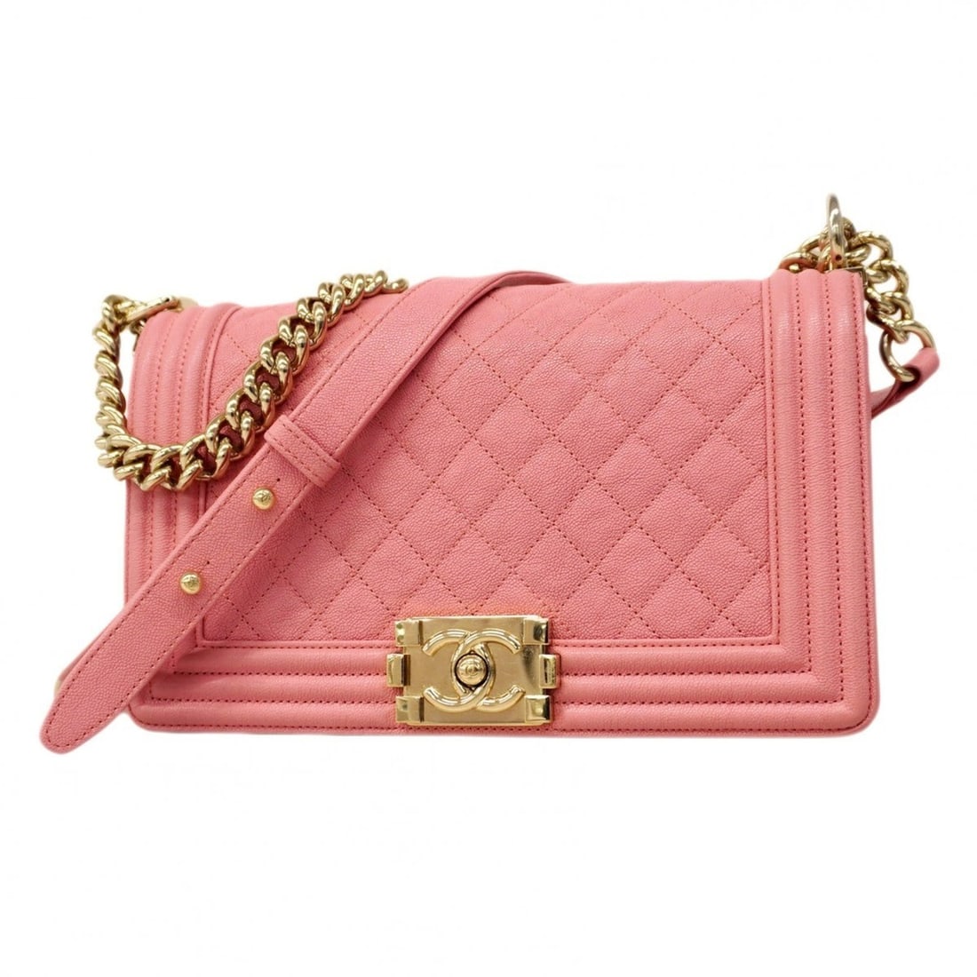 Chanel Shoulder Bag Boy Chain Caviar Skin Pink Champagne Women's: --- Catalog ---Category: SizeSize (HxWxD): 16cm x 25cm x 7cm / 6.29'' x 9.84'' x 2.75''Category: DesignType: Shoulder bagColor: PinkGender: WomenMaterial: Grained Calfskin Hardware Color: Champagne go