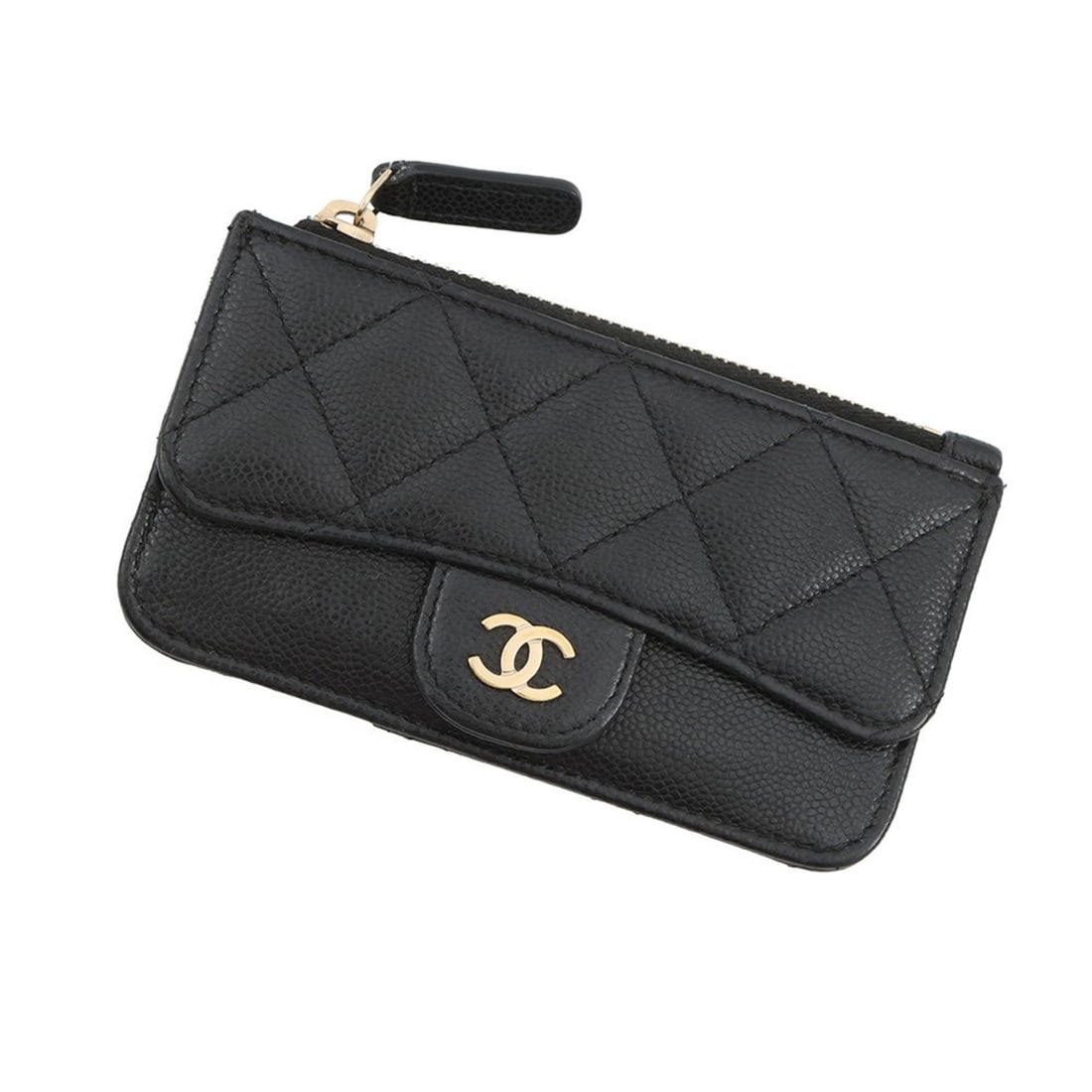 CHANEL Card Case, Matelasse Coco Mark Classic Zip Fragment Case in Caviar Leather, Black, AP2570 (1 of 12)