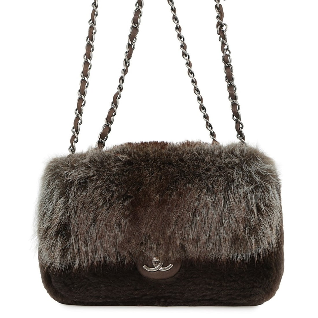 Chanel chain shoulder bag with Coco mark and fur. CHANEL 2-way handbag for women.: --- Catalog ---Category: SizeSize (HxWxD): 18cm x 29cm x 9cm / 7.08'' x 11.41'' x 3.54''Category: DesignType: Handbag, Shoulder bagColor: Dark brownGender: WomenMaterial: Fur Category: GeneralBrand: C