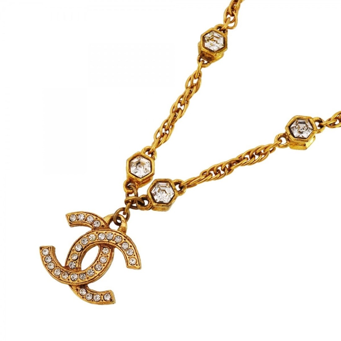 Chanel Coco Mark Necklace with GP Plated Rhinestones in Gold for Women: --- Catalog ---Category: SizePendant Size: 30.3mm x 29.1mm / 1.19'' x 1.14''Neck Circumference: 40 cm / 15.74''Category: DesignColor: GoldGender: WomenMaterial: Gold plating, RhinestoneNecklace Type: