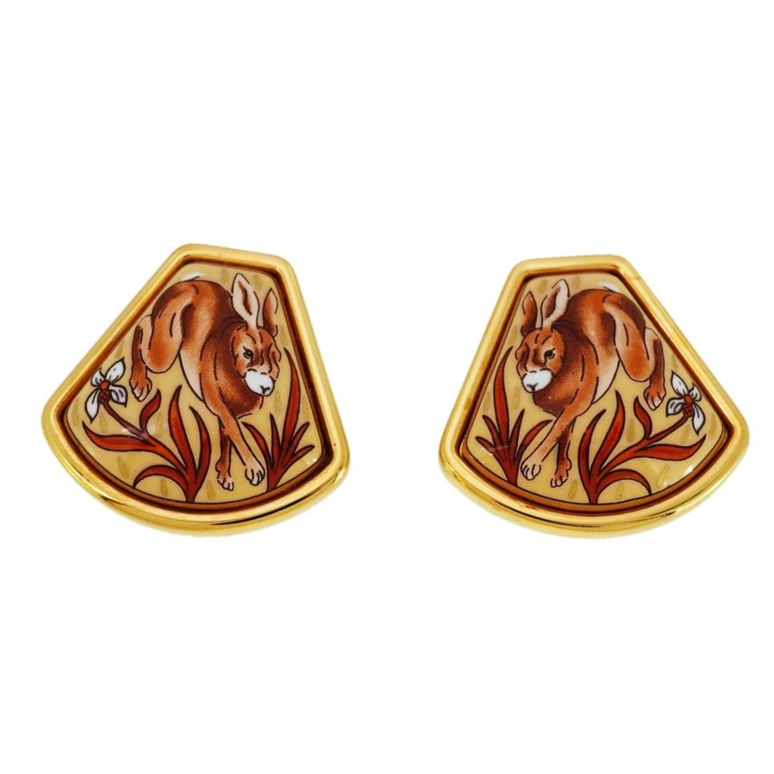 Hermes enamel earrings, GP plated, cloisonné, gold, orange, multicolor, for women: --- Catalog ---Category: SizeSize (HxWxD): 25.90mm x 26.70mm / 1.02'' x 1.05''Category: DesignType: Clip earringsColor: Gold, Multi-color, OrangeGender: WomenMaterial: Cloisonné/enamel, Gold